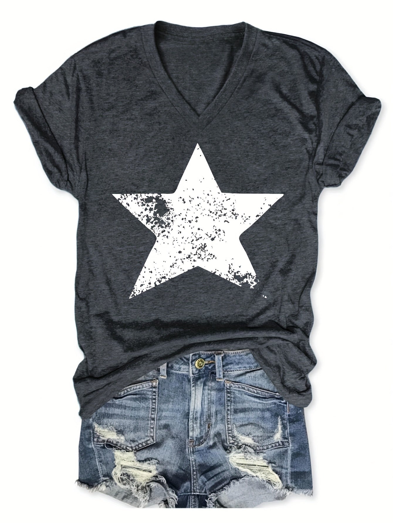 Cindy - Casual V-neck T-Shirt with Star Print and Short Sleeve for Women