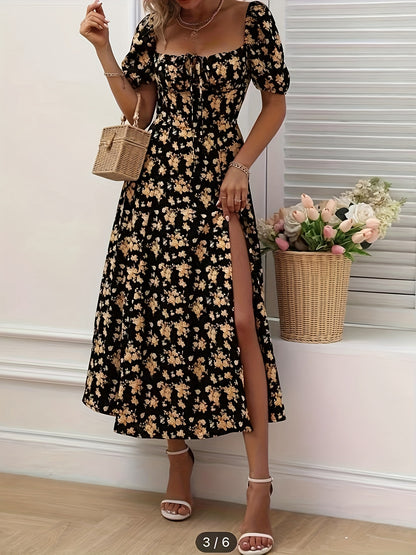 Chloe - Puff Sleeve Dress with Floral Print and Chic Split Hem for Women