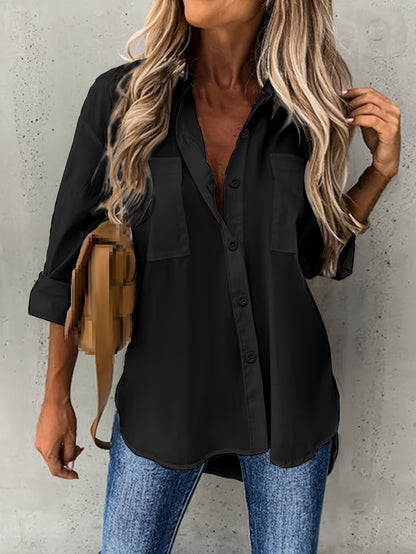 Daniela - Button Front Shirt with Dual Pockets and Long Sleeve for Women