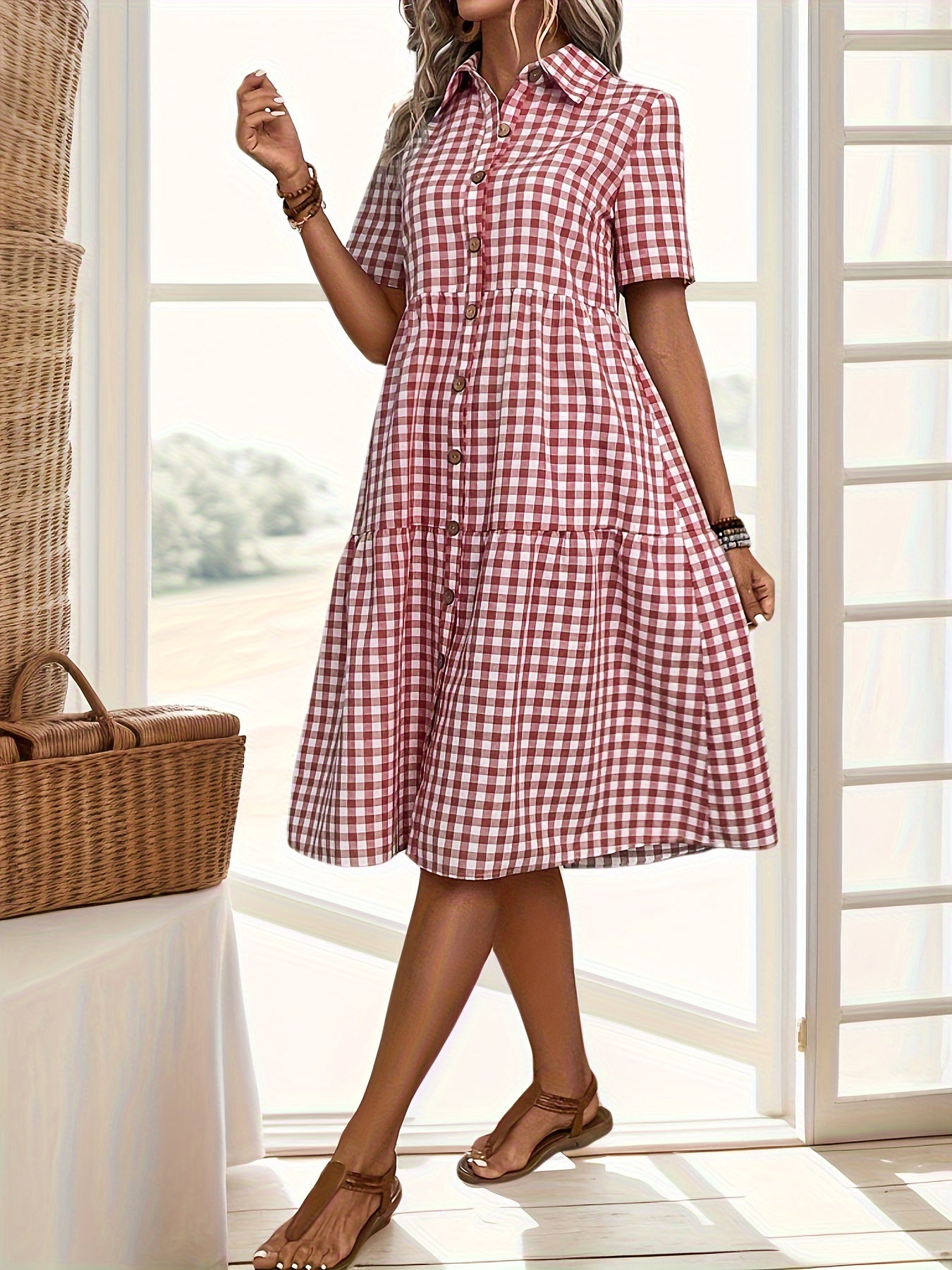 Mildred - Plaid Dress with Button Front and Short Sleeve for Women