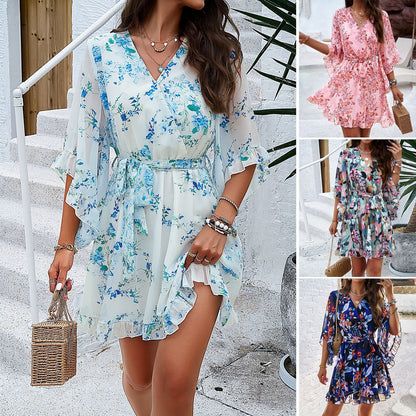 Emily – Floral Print V-neck Dress with Lace-Up Ruffles