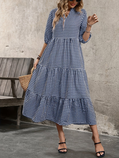 Mila - Elegant Plaid Crew Neck Midi Dress for Women