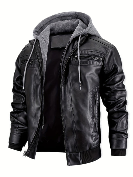 Damon - Casual 2-in-1 PU Leather Jacket with Zipper Up and Detachable Hood for Men