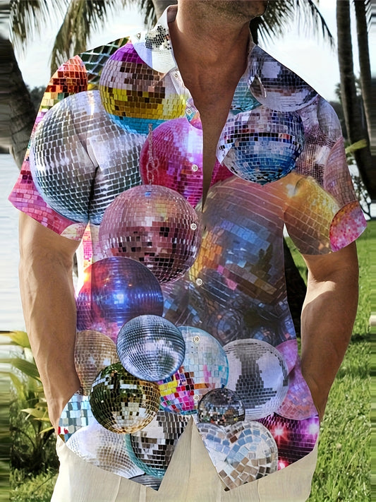 Brandon - Casual Button-Down Shirt with 3D Disco Ball Print for Men