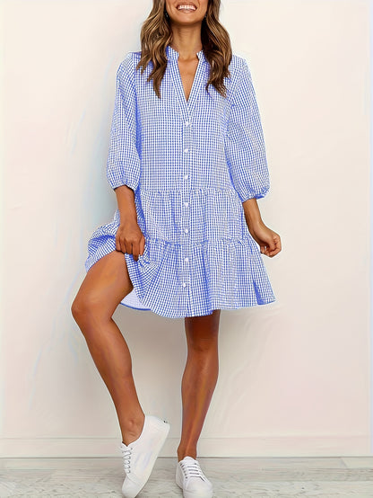 Jessica - Mini Dress with Gingham Print and Button Front for Women