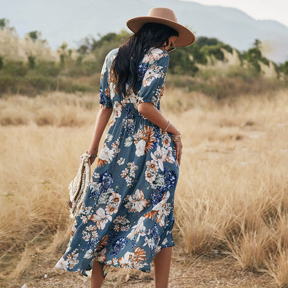 Katie – Floral Summer Beach Dress with V-Neck and Elastic Waist