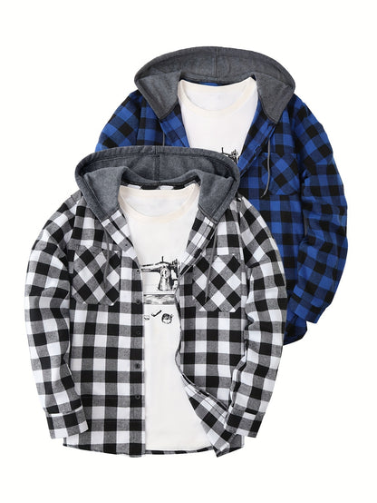 Harper - 2pcs Set Plaid Pattern Hooded Jacket  with Long Sleeve Button Up and Pockets for Men