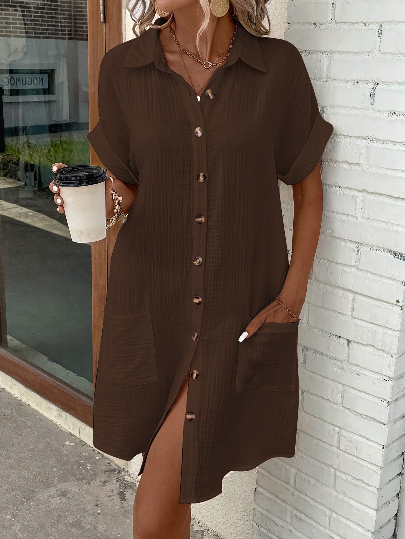 Frances - Button Front Shirt Dress with Pockets for Women