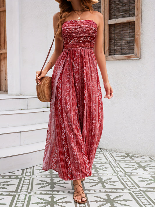 Camila - Elegant Tube Jumpsuit with Ethnic Floral Print and Split Wide Leg for Women