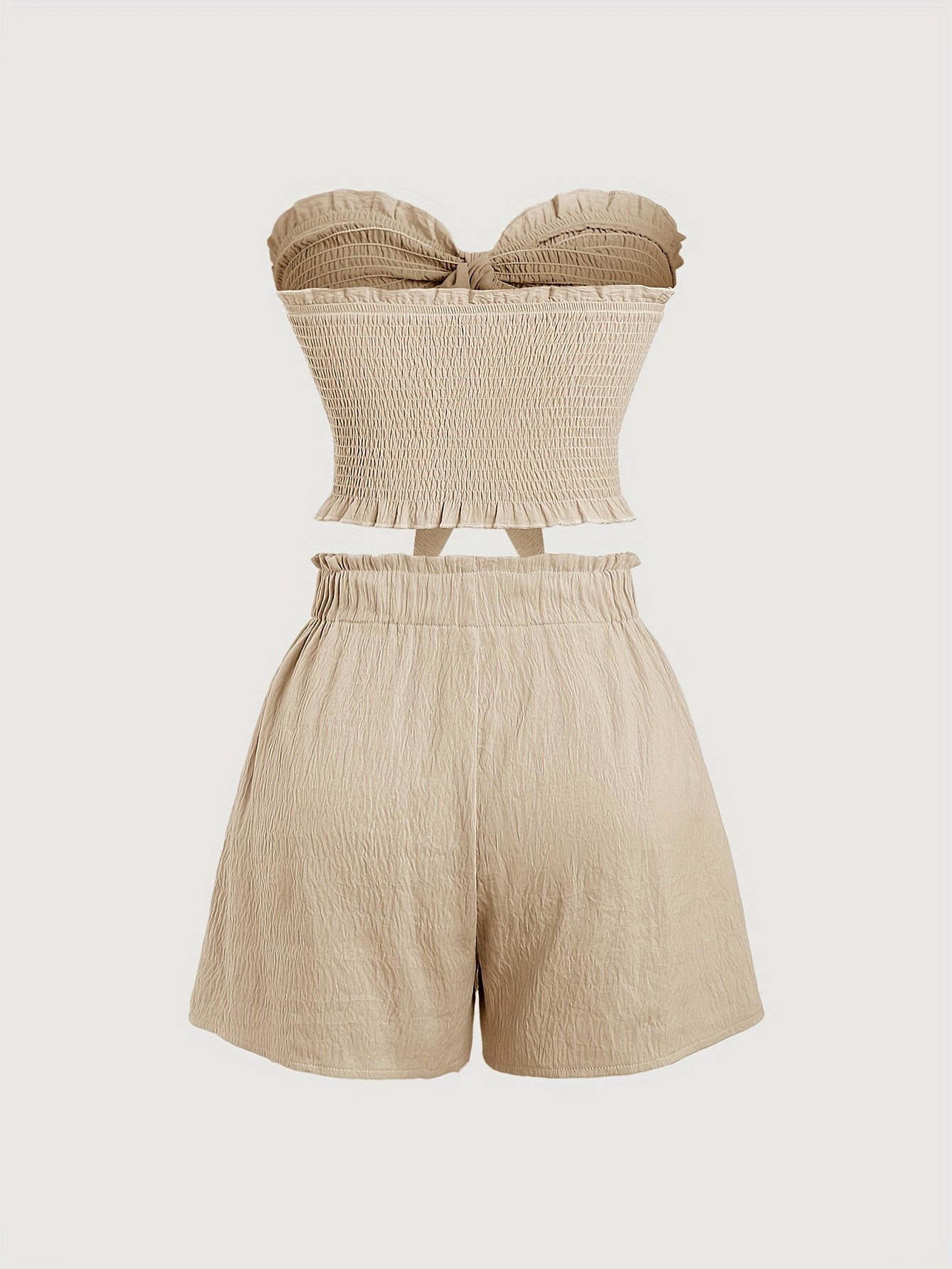 Calliope - Chic Outfit Set with Textured Backless Shirred Crop Knot Front Strapless Top and Paper Bag Waist Tucked Shorts for Women