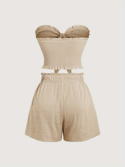 Calliope - Chic Outfit Set with Textured Backless Shirred Crop Knot Front Strapless Top and Paper Bag Waist Tucked Shorts for Women