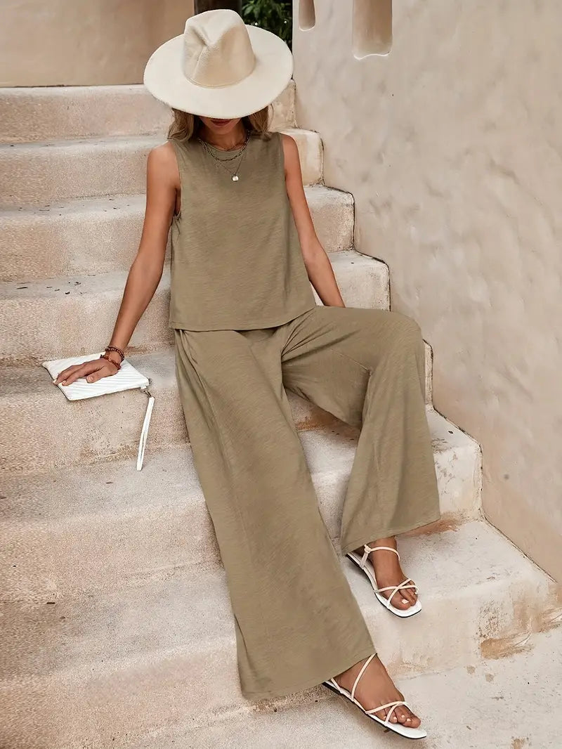 Michelle - Elegant Outfit Set with Sleeveless Tank Top and Wide Leg Loose Pants for Women