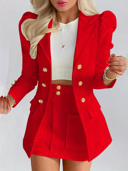 Dawn – Elegant Solid Long Sleeve Blazer & Mini Skirt Set