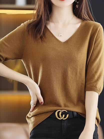 Juniper - Versatile Half Sleeve Knitted Top with V-neck for Women