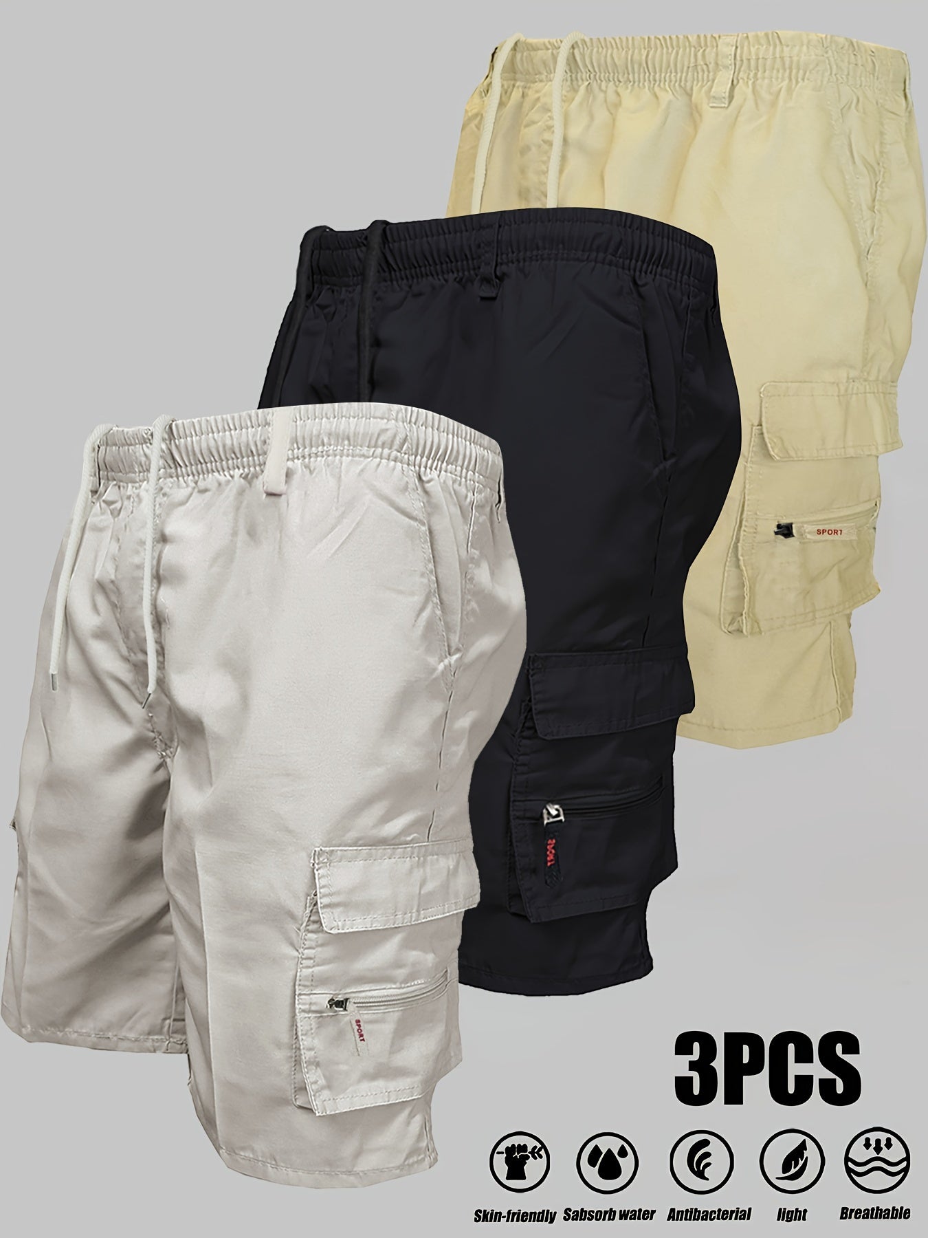 Edward - 3pcs Casual Cargo Shorts with Side Pockets and Loose Fit for Men