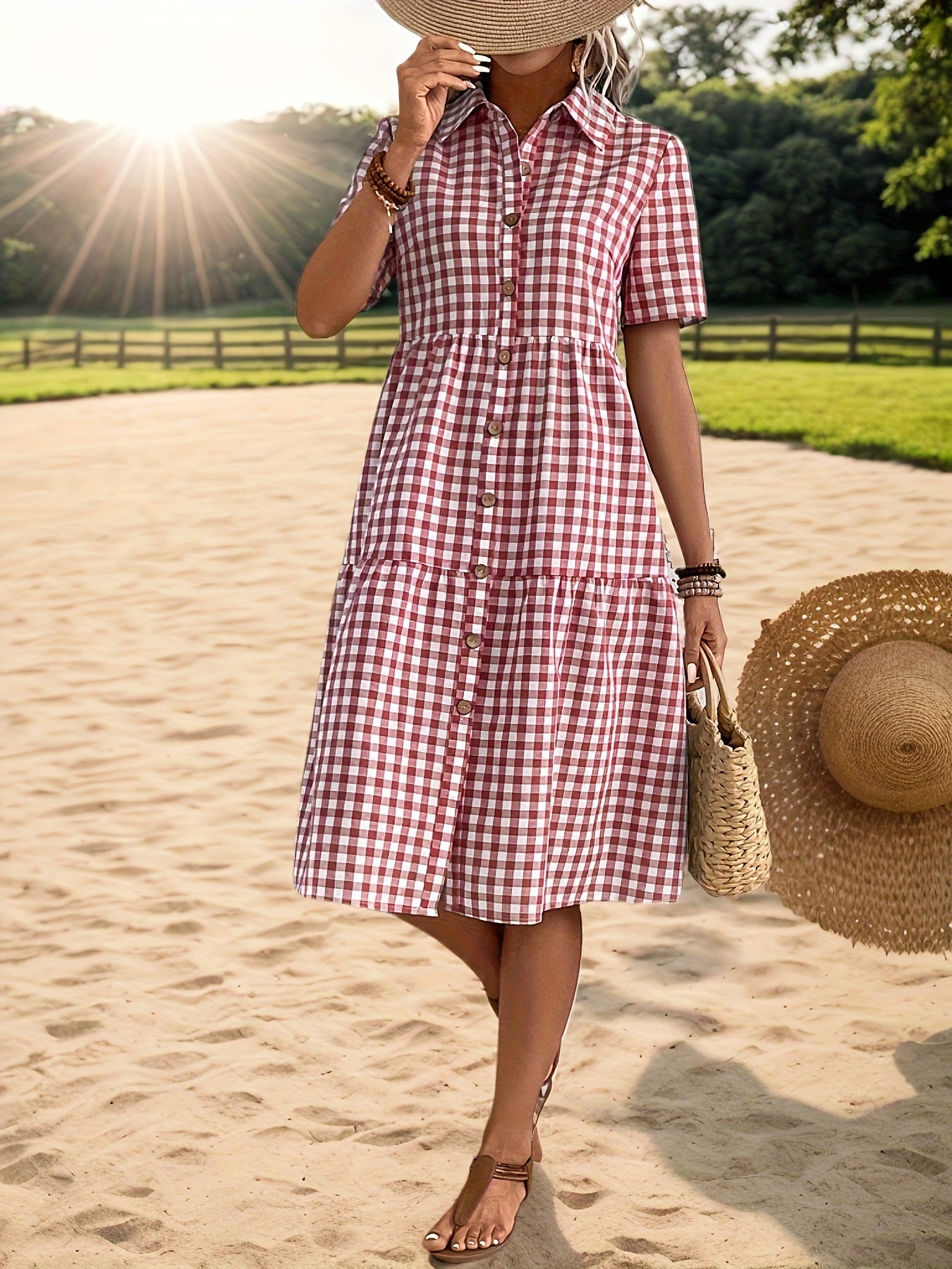 Mildred - Plaid Dress with Button Front and Short Sleeve for Women