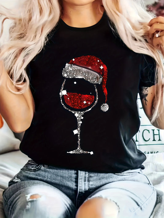 Brielle - Casual T-Shirt with Christmas Hat and Red Wine Glass Print for Women