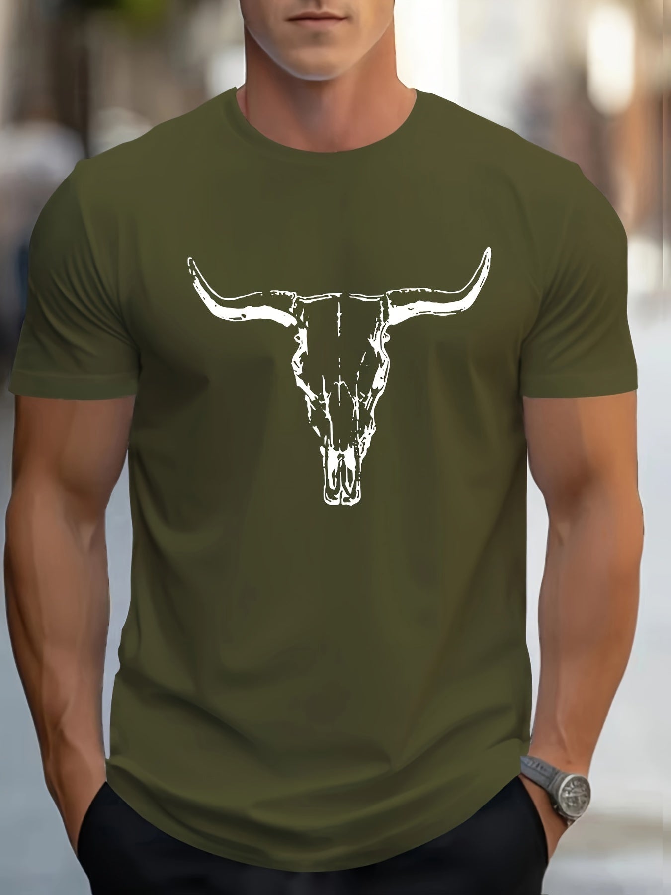 Lucas - Casual T Shirt with Bull Skull Print for Men