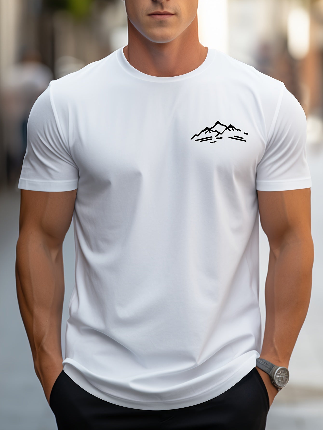 Nate - Round Neck Short Sleeve T-Shirt with Mountain Print for Men