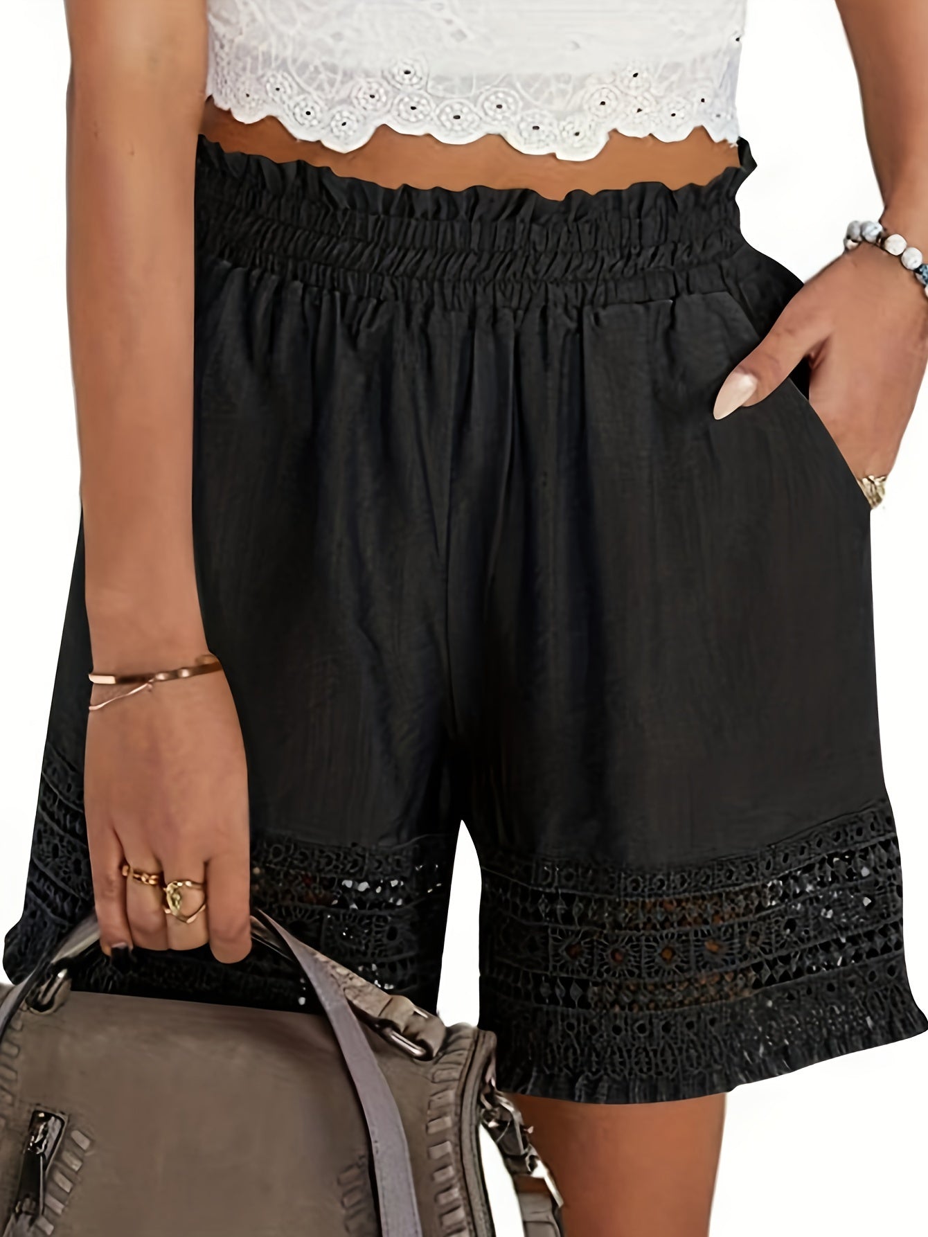 Matilda - Lace Trim Shorts with Elastic Waist and Slant Pocket for Women