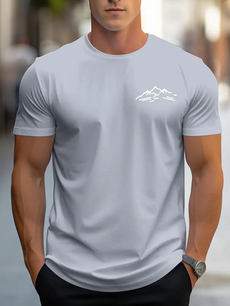 Nate - Round Neck Short Sleeve T-Shirt with Mountain Print for Men