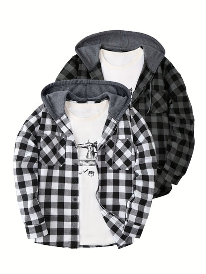 Harper - 2pcs Set Plaid Pattern Hooded Jacket  with Long Sleeve Button Up and Pockets for Men