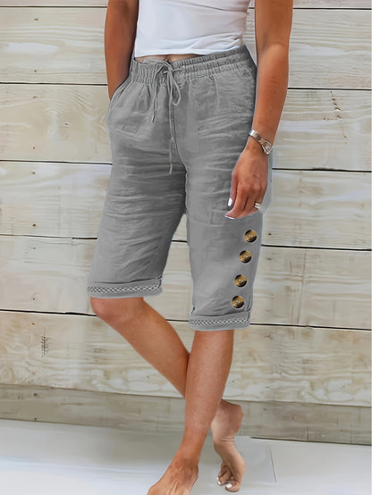 Linda – Loose Cotton Linen Capri Shorts with Lace