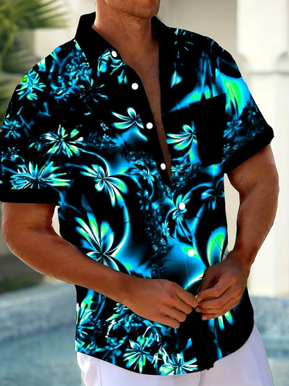 Andrew - Button-up Shirt with Hawaiian Fluorescent Gradient Art 3D Floral Print for Men