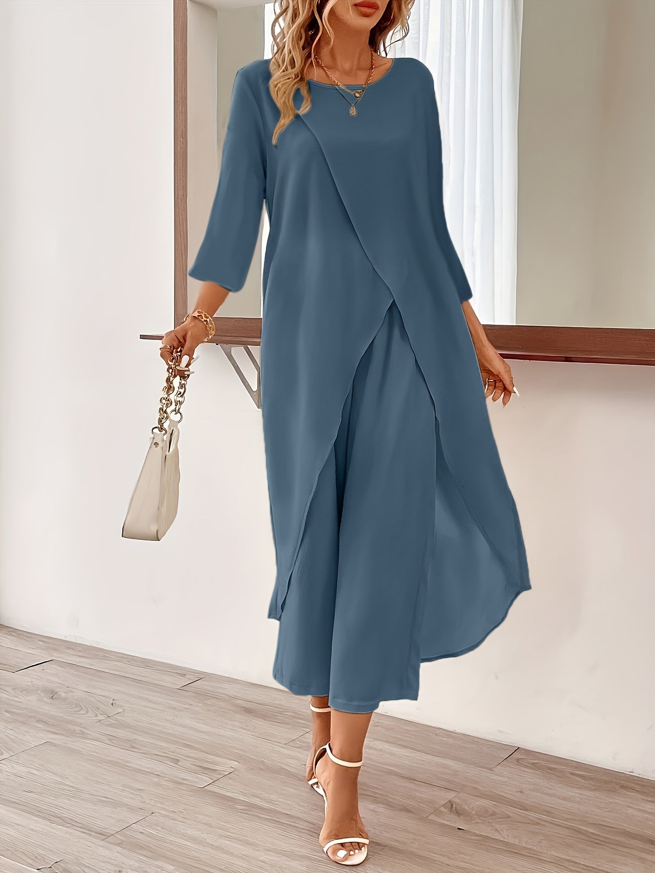 Edith - Elegant Outfit Set with Long Sleeve Longline Split Hem Chiffom Top and  Wide Leg Cropped Pants for Women