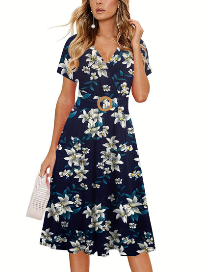 Brianna - Elegant Summer Dress with Floral Print and Ring Linked A-Line for Women