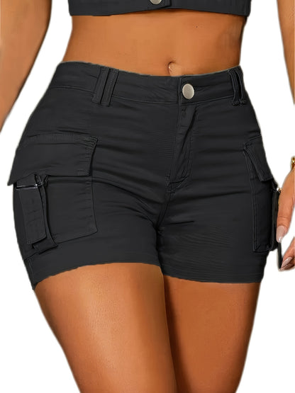 Ruby - Slim Fit Plain Stretchy Denim Cargo Shorts for Women