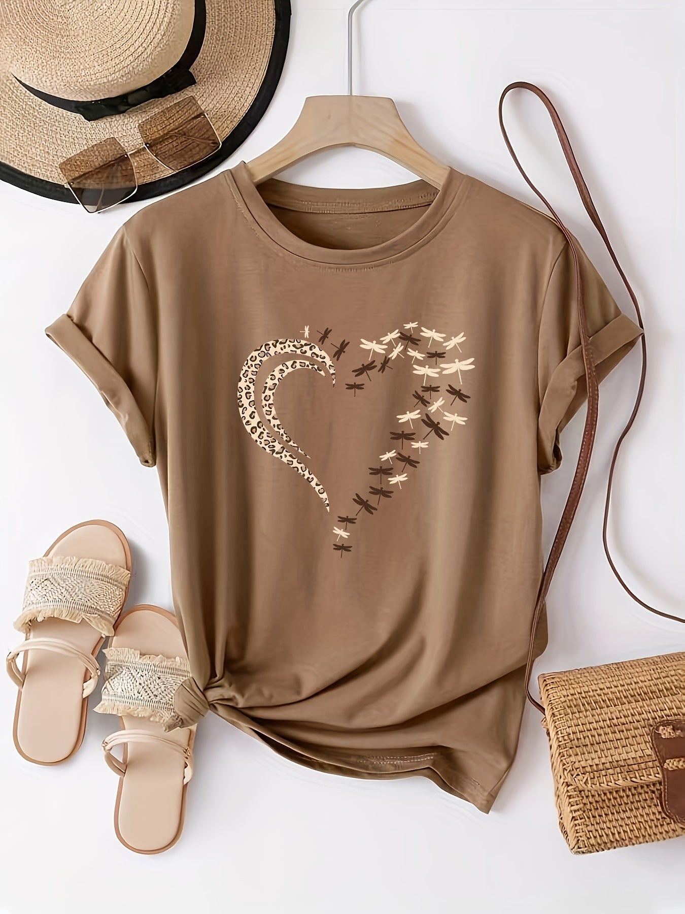 Emilia - Crew Neck T-Shirt with Heart Print for Women