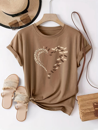 Emilia - Crew Neck T-Shirt with Heart Print for Women