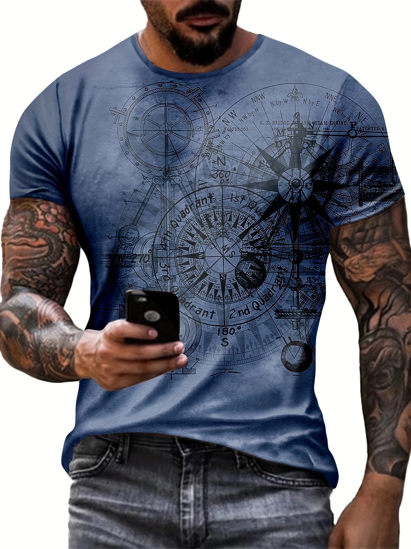 Ethan - Retro T-Shirt with Sketch Style Compass Graphic Pattern for Men