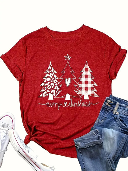 Liza - Casual Crew Neck T-shirt with Christmas Tree Print for Women