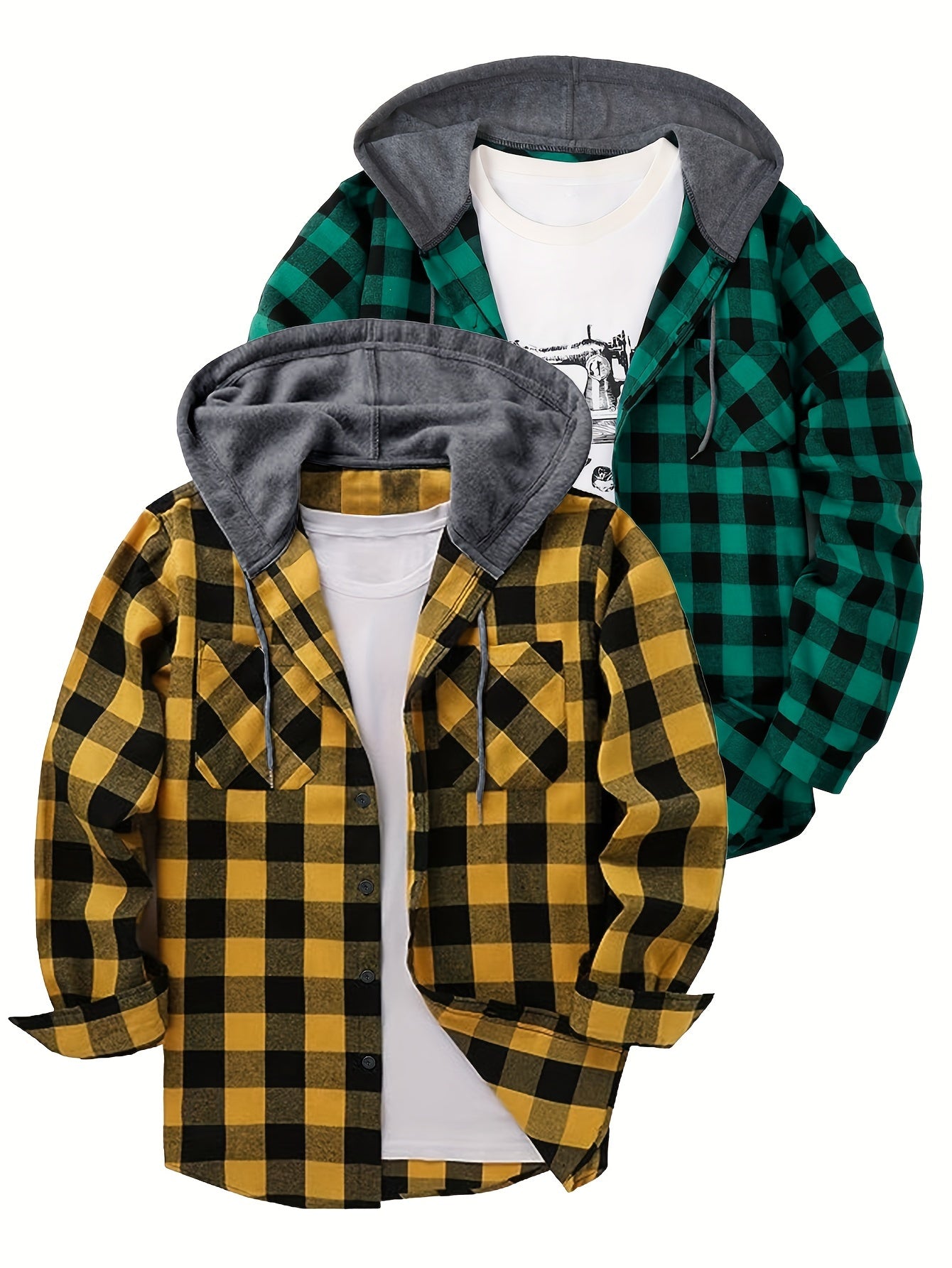 Harper - 2pcs Set Plaid Pattern Hooded Jacket  with Long Sleeve Button Up and Pockets for Men