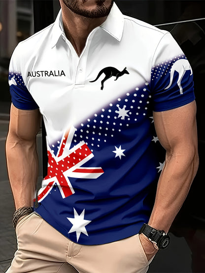 George - Casual Polo Shirt with Australia National Flag and Kangaroo Emblem Print for Men