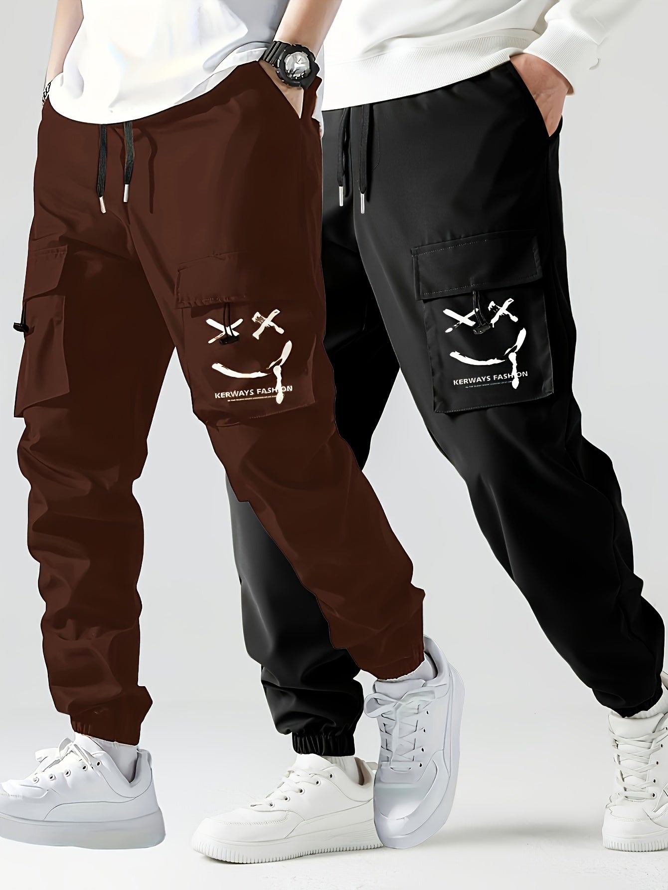 Glenn - 2pcs Stylish Cargo Pants with Smiling Face Print and Multi-Pockets for Men