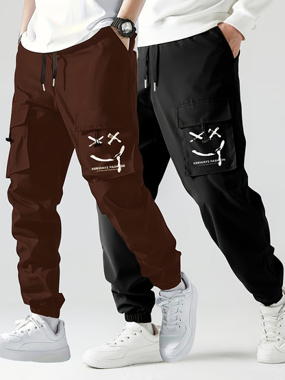 Glenn - 2pcs Stylish Cargo Pants with Smiling Face Print and Multi-Pockets for Men