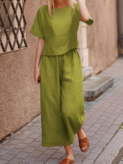 Mary - Casual Outfit Set with Crew Neck Casual T-Shirt and Wide Leg Pants for Women