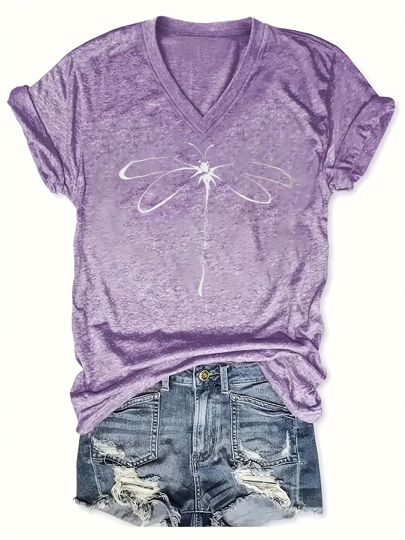 Amelia - Casual T-Shirt with Dragonfly Print and V Neck for Women