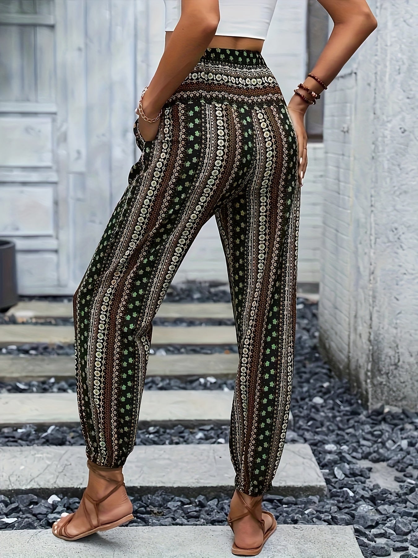 Sophia - High Waist Boho Pants with Tribal Print and Jogger Button Decor for Women