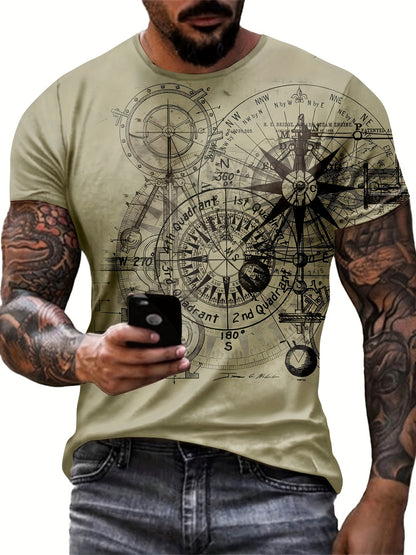 Ethan - Retro T-Shirt with Sketch Style Compass Graphic Pattern for Men