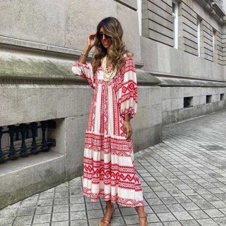 Denise – Vintage Bohemian Printed Dress with V-Neck