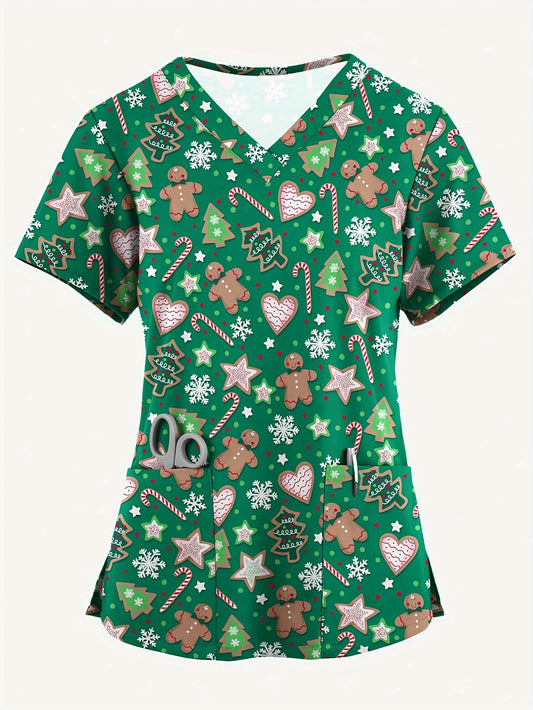 Sara – Festive V-Neck Nurse Scrubs with Holiday Pattern