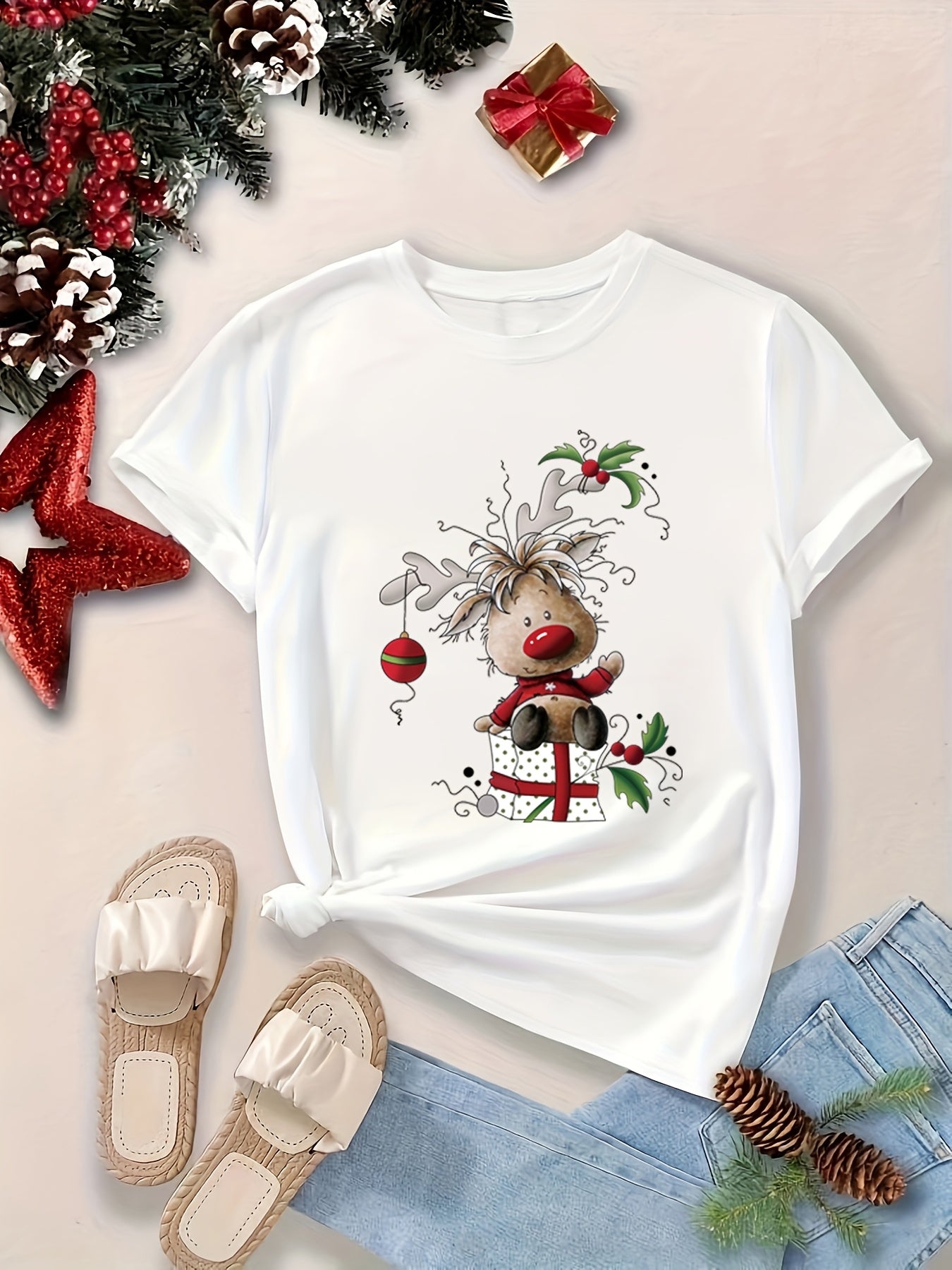 Hanah - Crew Neck T-Shirt with with Christmas Reindeer Print for Women