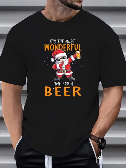 Jeremiah - Casual T-Shirt with Fun Santa Claus Drinking Beer Graphic Print for Men