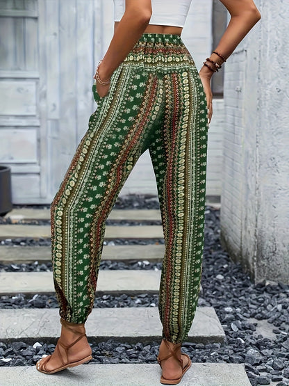 Sophia - High Waist Boho Pants with Tribal Print and Jogger Button Decor for Women