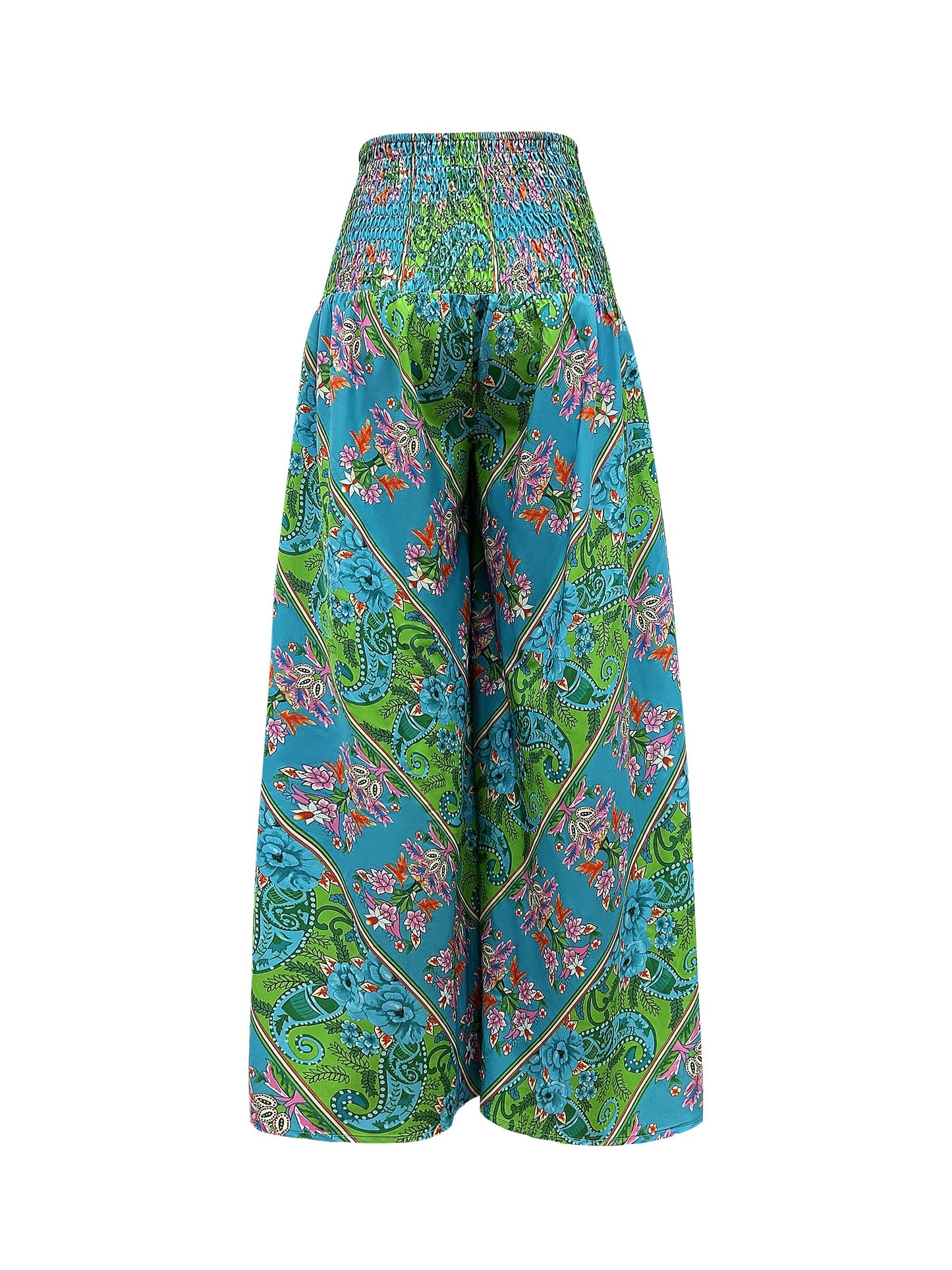 Emily - Shirred Waist Boho Pants with Floral Print and High Waist for Women