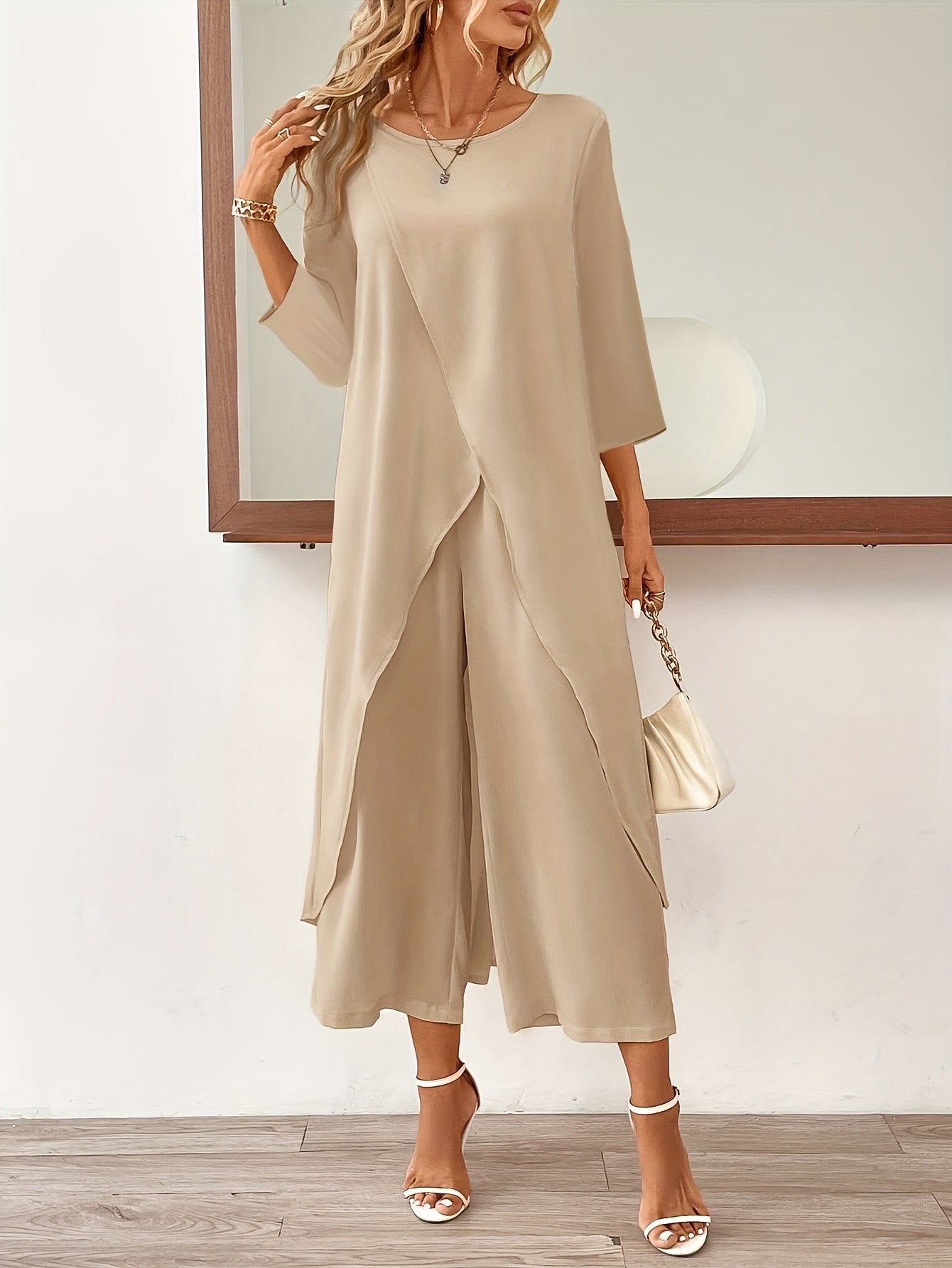 Edith - Elegant Outfit Set with Long Sleeve Longline Split Hem Chiffom Top and  Wide Leg Cropped Pants for Women